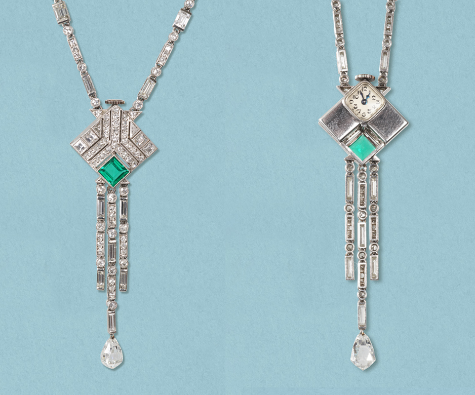 Art Deco diamond and emerald watch pendant