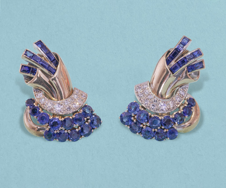 Retro sapphire and diamond earclips