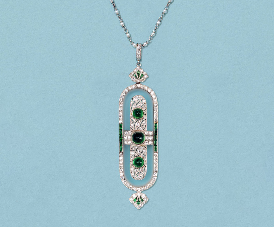 Art Deco rock crystal, diamond and emerald brooch-pendant